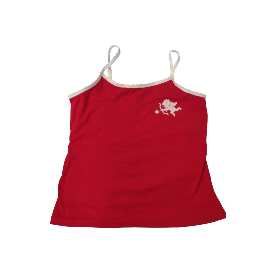 Red Cupid Graphic Camisole Lace Trim Cotton Tank Top Medium Romantic Coquette‎